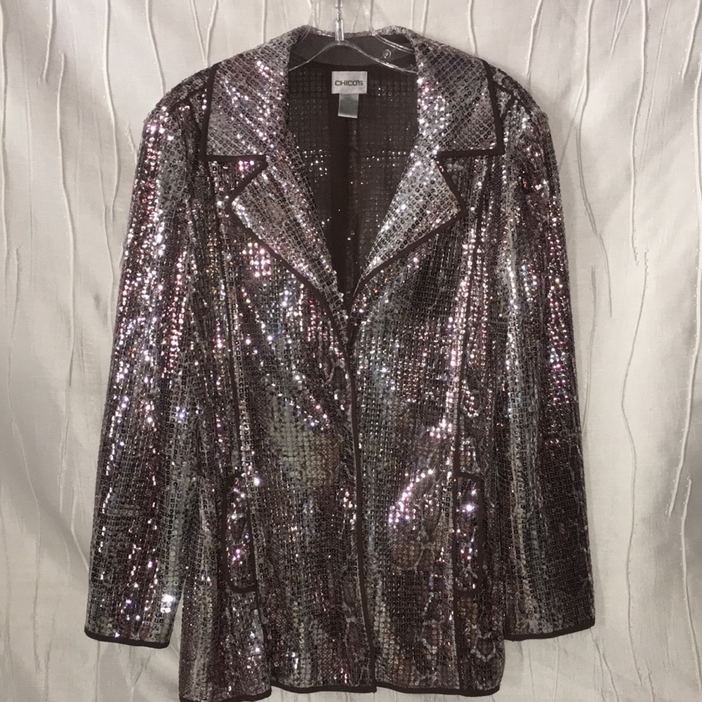 CHICO'S Sequin Blazer Animal Print Long Sleeve Lined Size Small 4/6 Shimmer